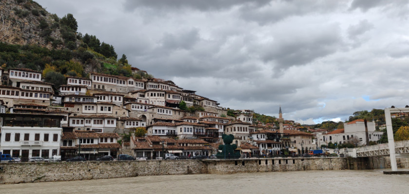 Berat old town with hillside houses on a cloudy day, Albania
