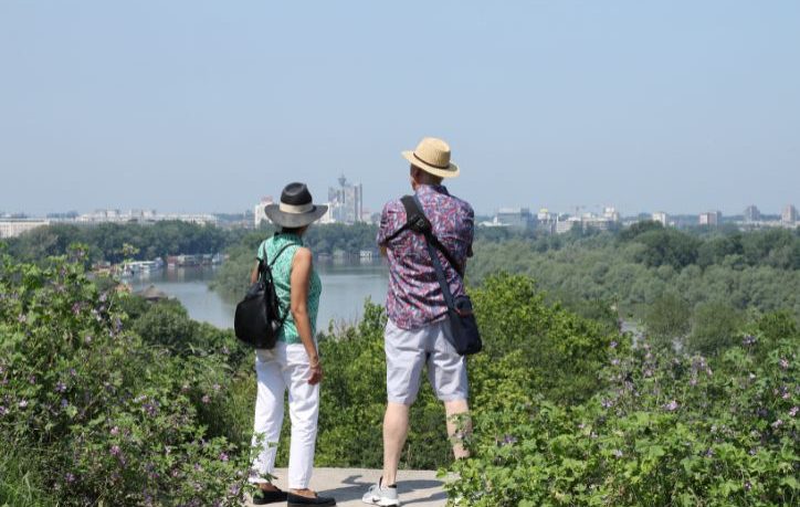 Travelers enjoying a panoramic view of the Danube in Belgrade, Serbia