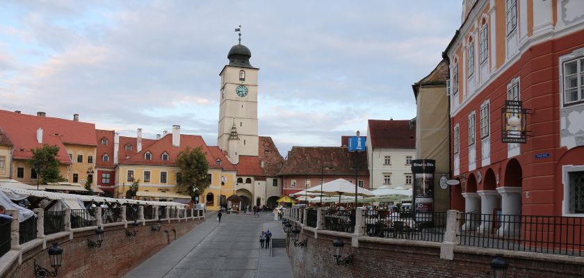 Historic center of Sibiu with the Council Tower in Transylvania, Romania