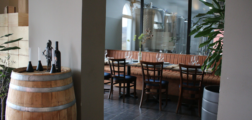 Interior of a Serbian winery tasting room with view of stainless steel tanks
