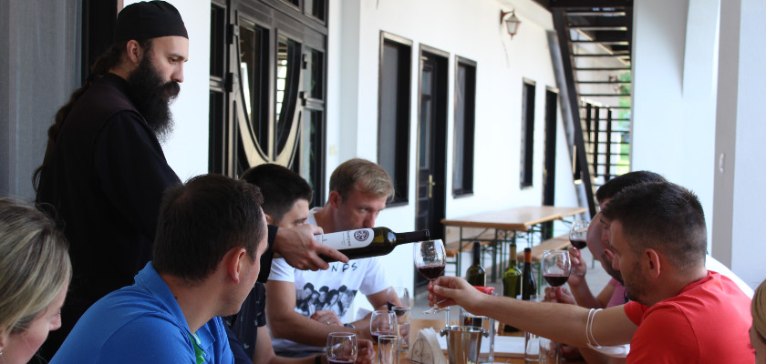 Tasting local Black Tamjanika with a monk as a small producer