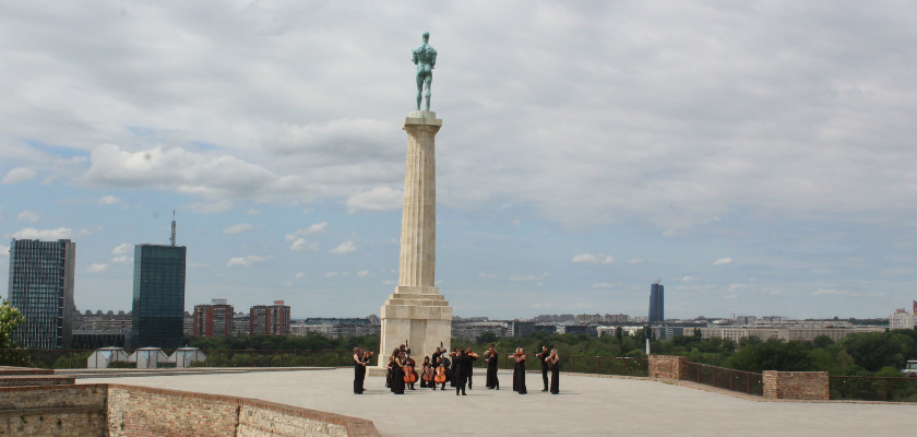 Belgrade fortress view of Victor Monument above Sava and Danube rivers