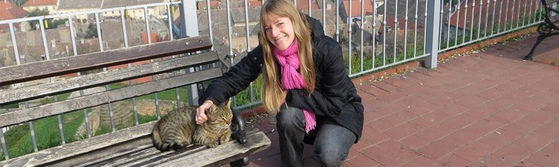 Girl cuddles a cat on the bench.