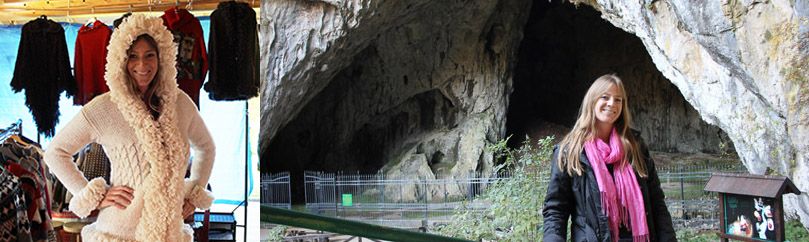 Girl in white sweater is posing and girl is in the front of the cave.