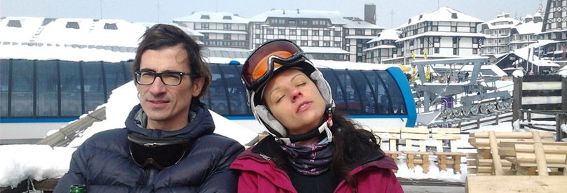 Two skiers enjoy at Kopaonik ski resort center