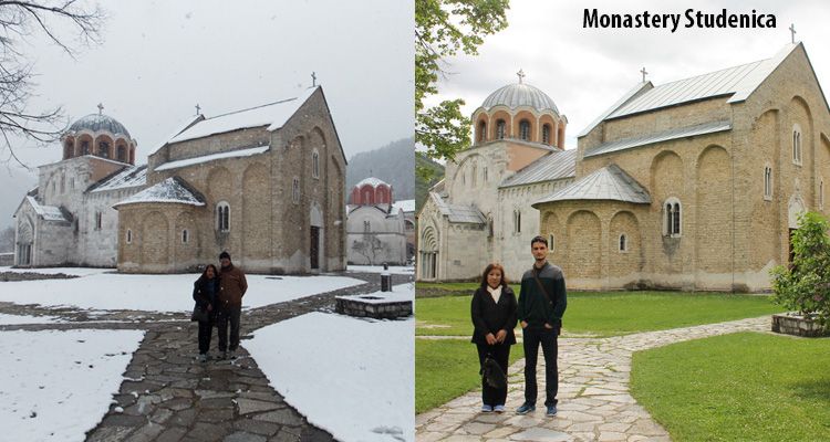 Difference between winter and spring season at monastery Studenica.