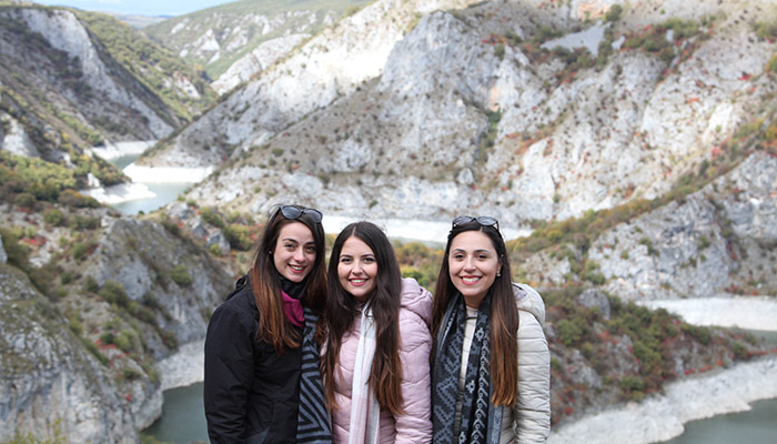 Three girls are posing in Uvac canyon.