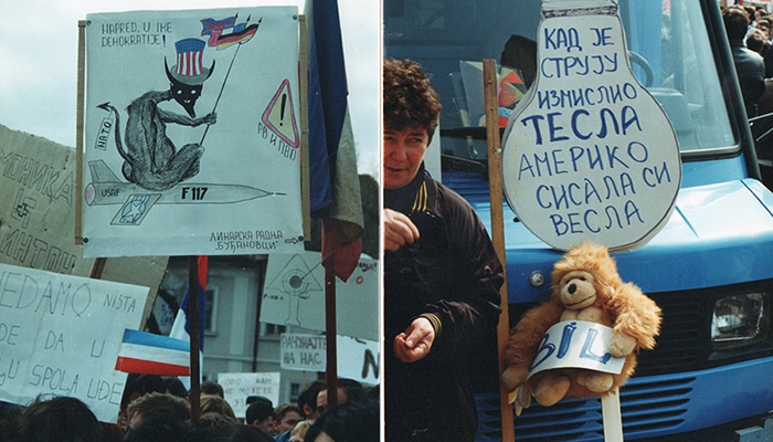 People gathered on the streets during the NATO bombing of Serbia.