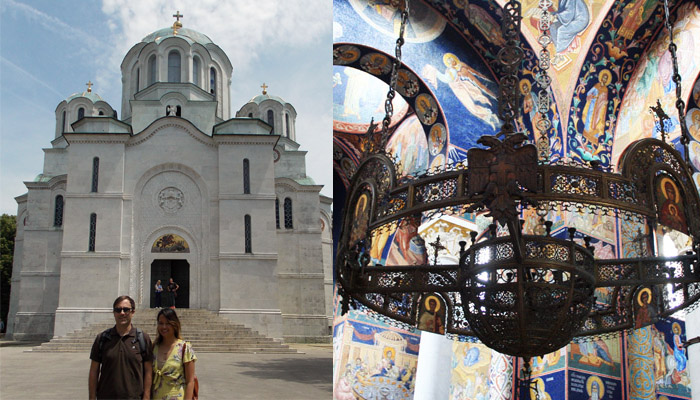 Couple is posing in front of the church Saint George, on of the top five destinations in Serbia.