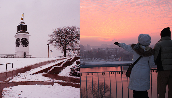 What to visit near Belgrade is view from Petrovaradin fortres and Petrovaradin's clock tower.